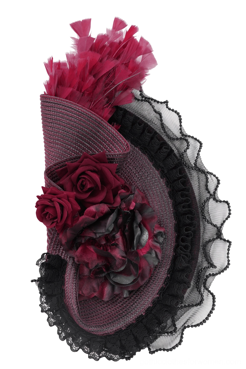 Close-up detail of burgundy black gothic fascinator showing gradient burgundy roses, feather cluster accents, and delicate black ruffled lace trim
