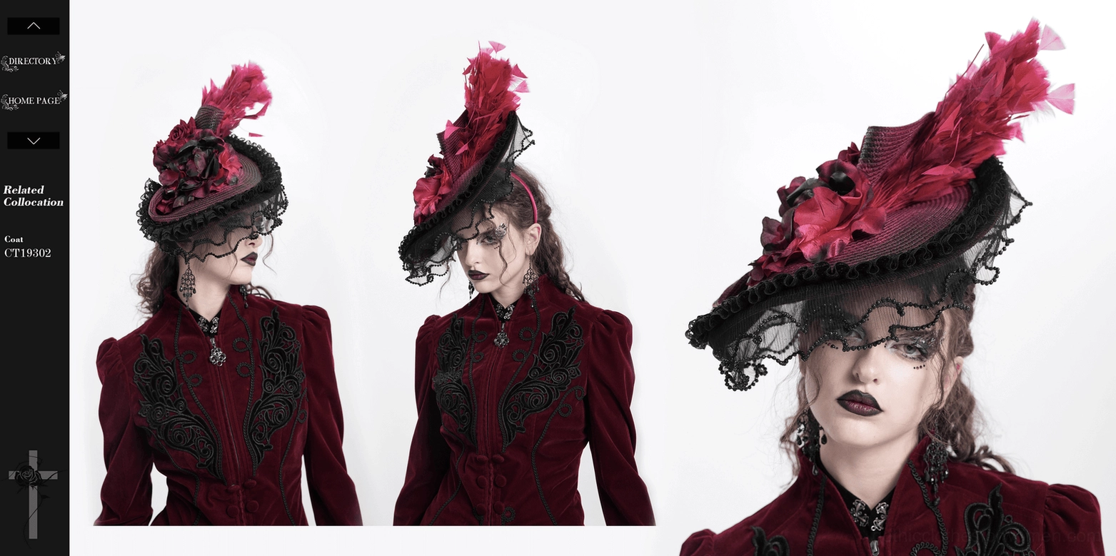 Final styling angle of burgundy black gothic fascinator worn with alternative fashion ensemble, demonstrating dramatic impact for gothic events