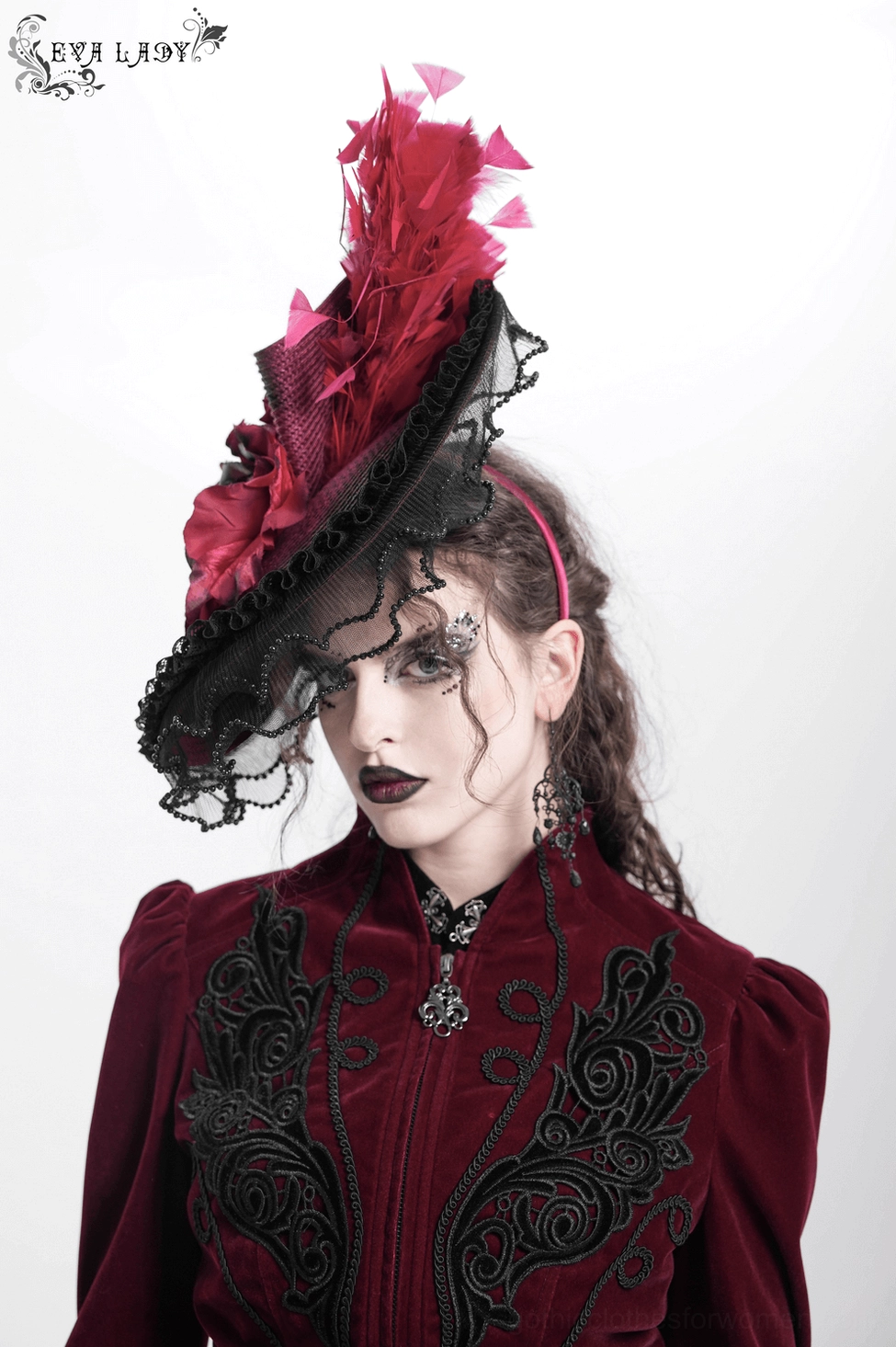 Model wearing burgundy black gothic fascinator with formal dark clothing and gothic accessories, complete alternative fashion aesthetic