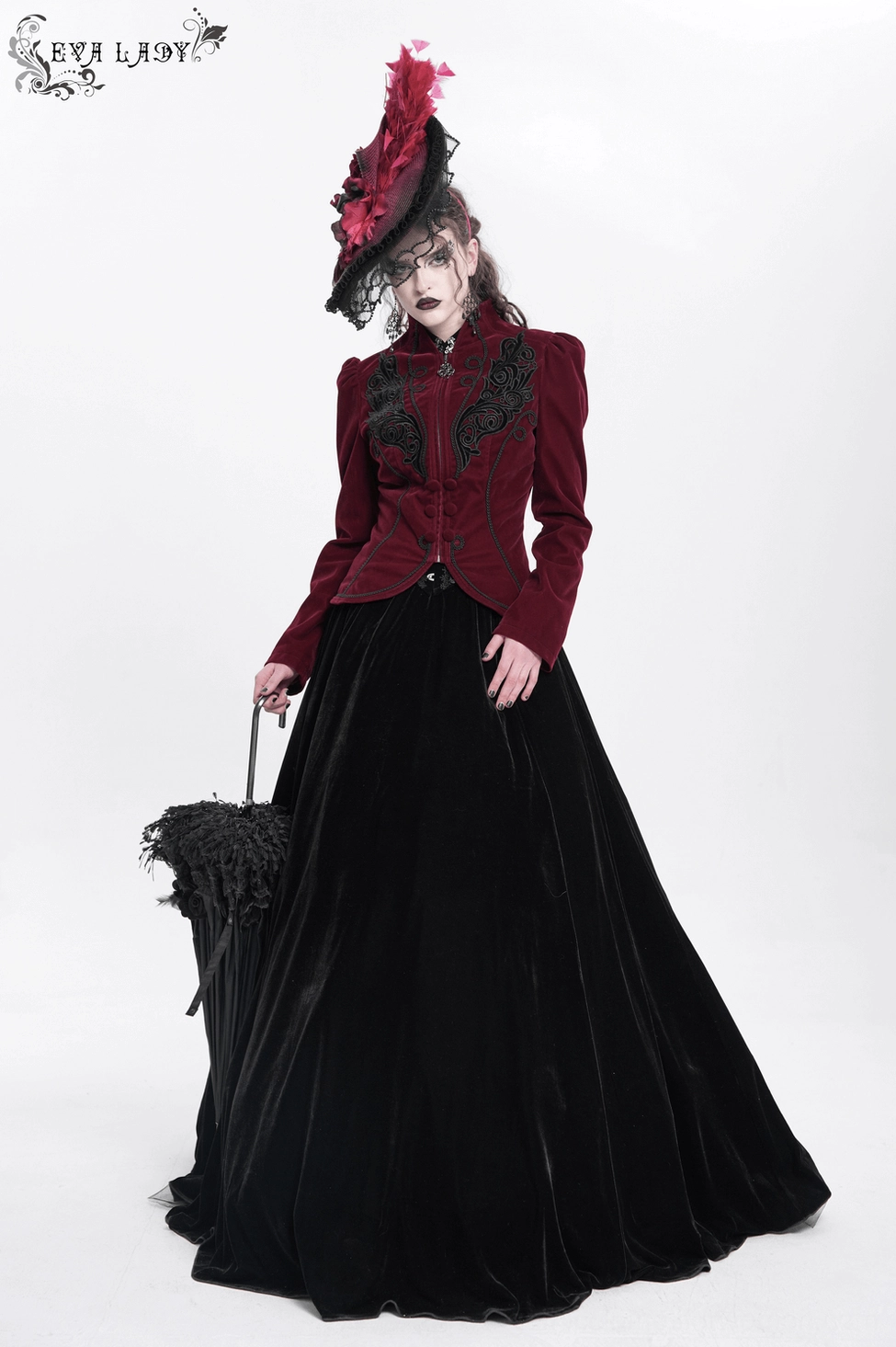 Burgundy black gothic fascinator full display view on mannequin showing complete aesthetic with all decorative elements and lace trimming