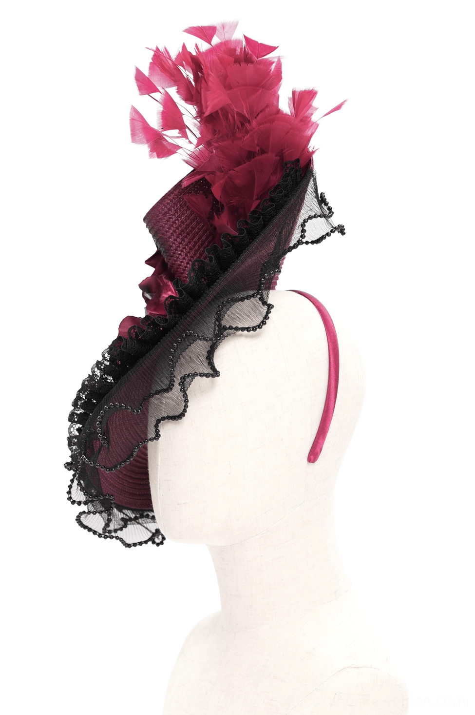 Mannequin fascinator display with visible headband attachment mechanism and ruffled black lace edge on right side view