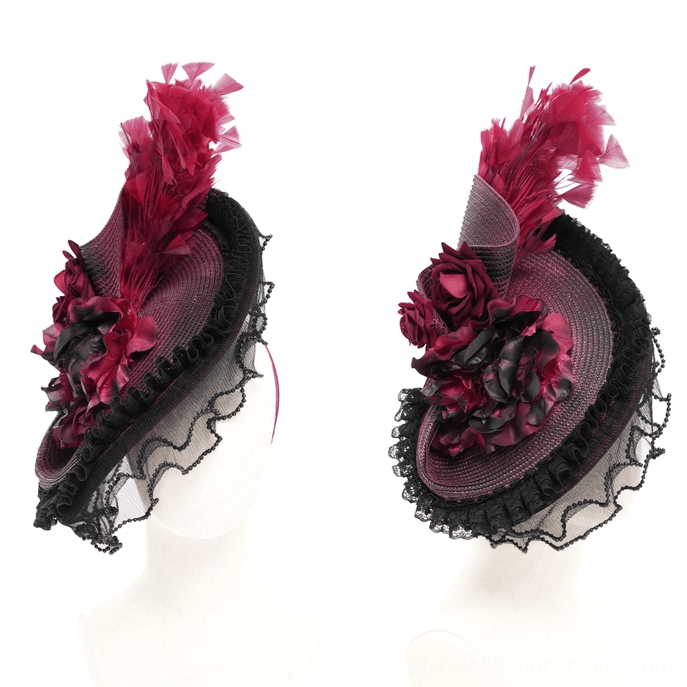 Mannequin display showing right side view of burgundy black gothic fascinator hat with feather decorations, fabric flowers, and black ruffled lace edge