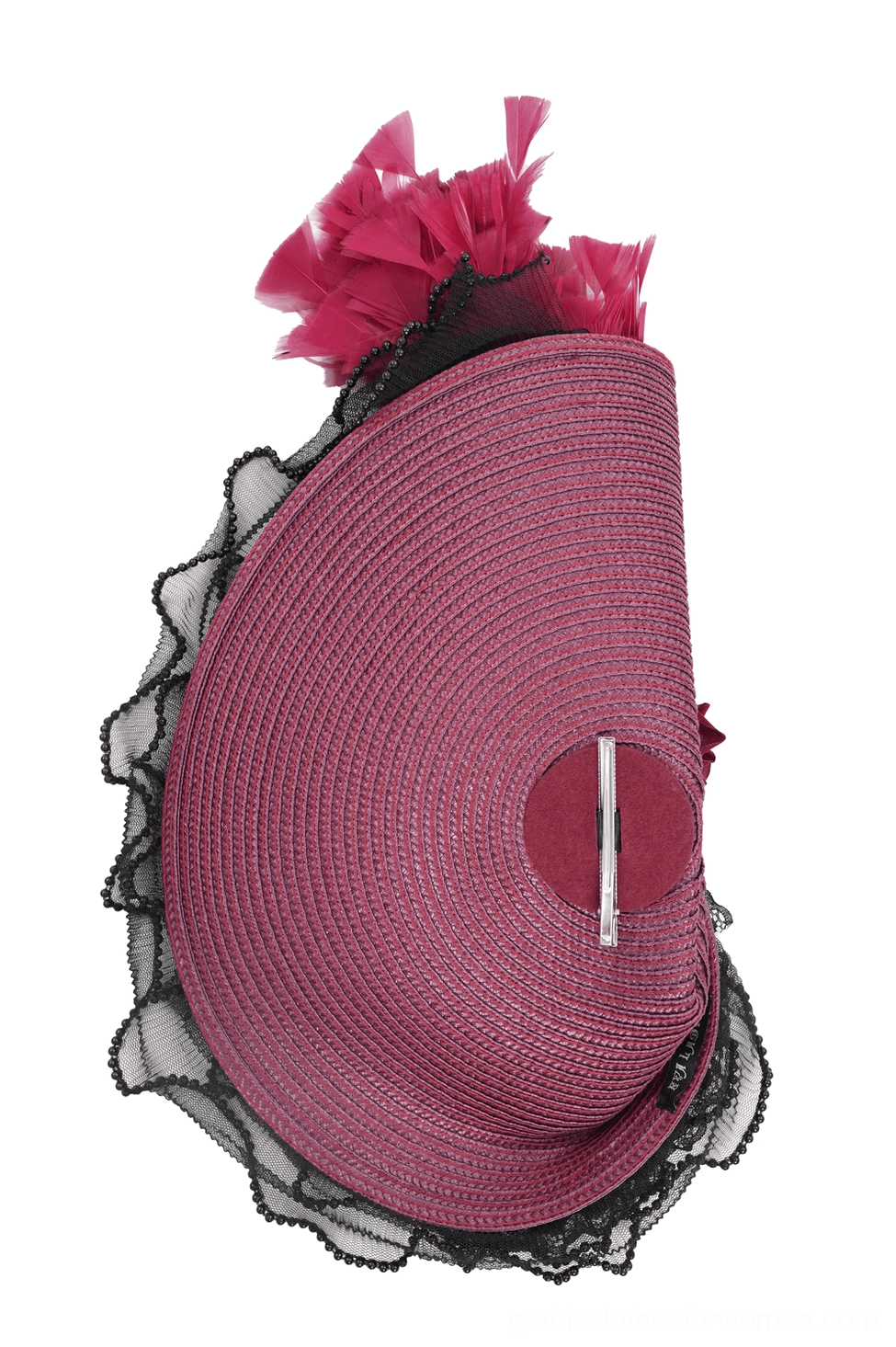 Rear detail perspective of burgundy black gothic fascinator displaying woven fabric base, secure attachment clip mechanism, and layered black lace edge