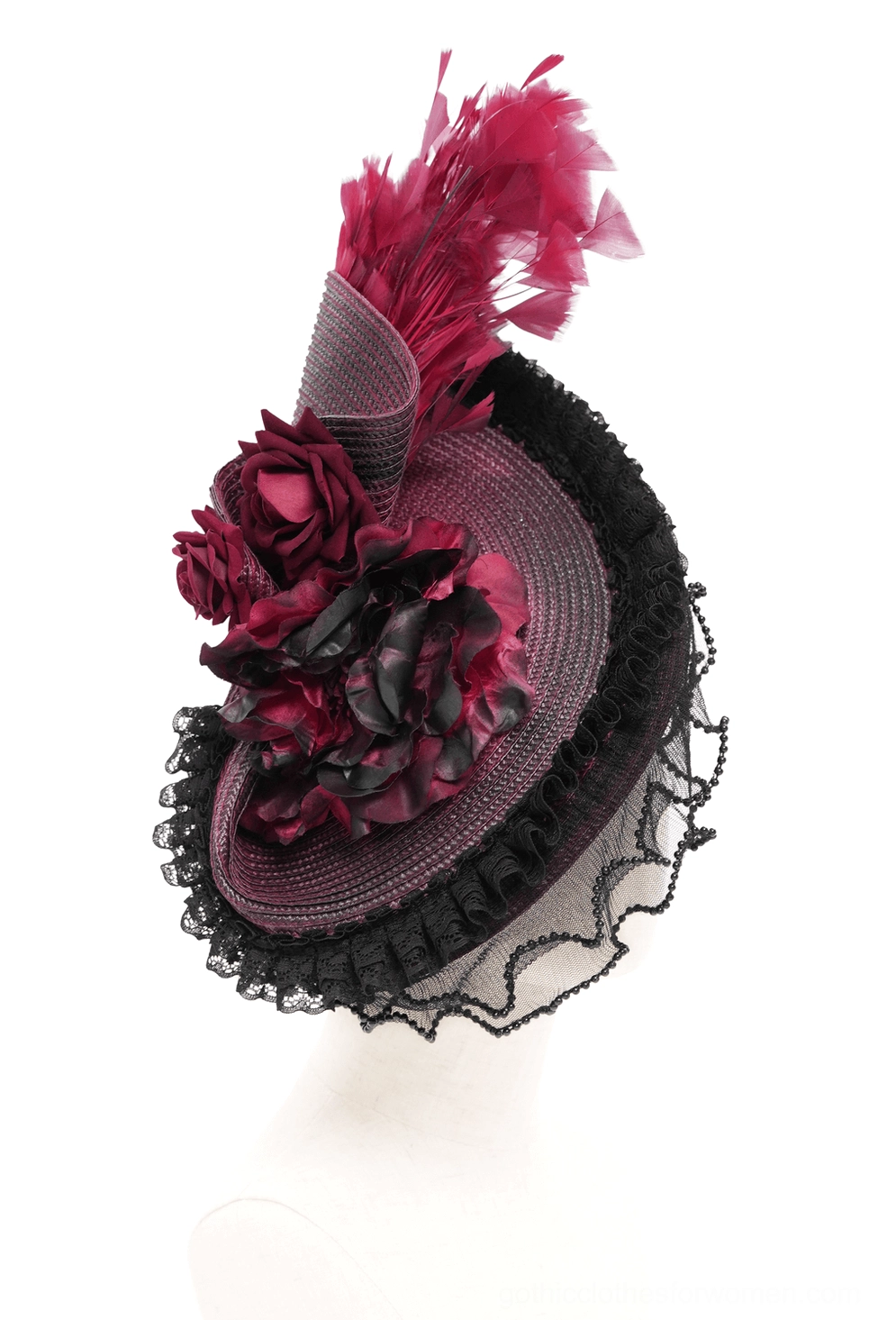 Rear view of burgundy black gothic fascinator on mannequin head showing dramatic feather plume, fabric flower cluster arrangement, and black lace brim
