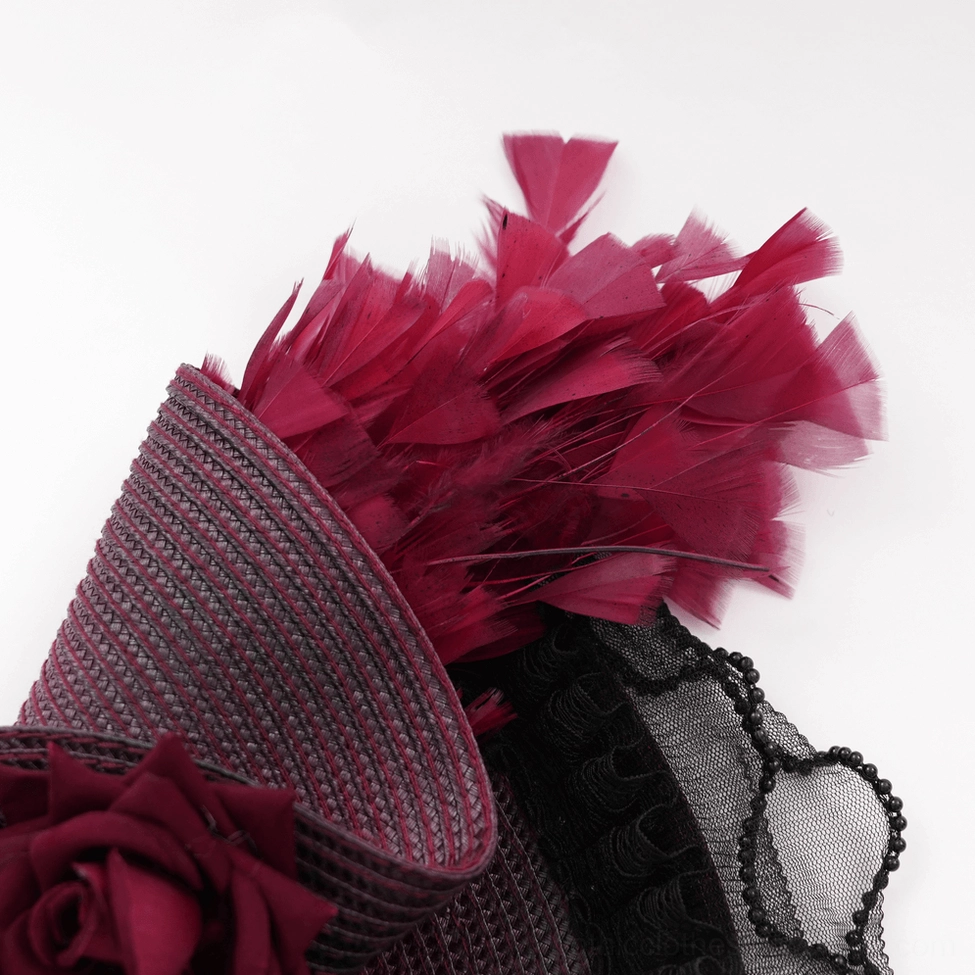 Top angle view of burgundy and black gothic fascinator hat showing overall silhouette, feather arrangement, and dimensional construction