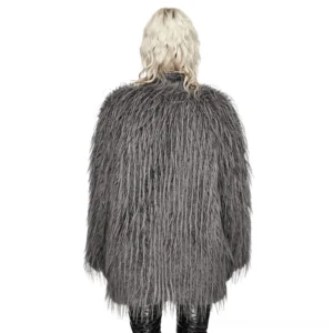 Staggered hemline grey faux fur gothic jacket rear view with metal hardware details