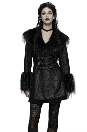 Victorian gothic black faux fur coat with plush collar, jacquard fabric, triple-buckle waist belt, and lace-up corset back - front full-body view
