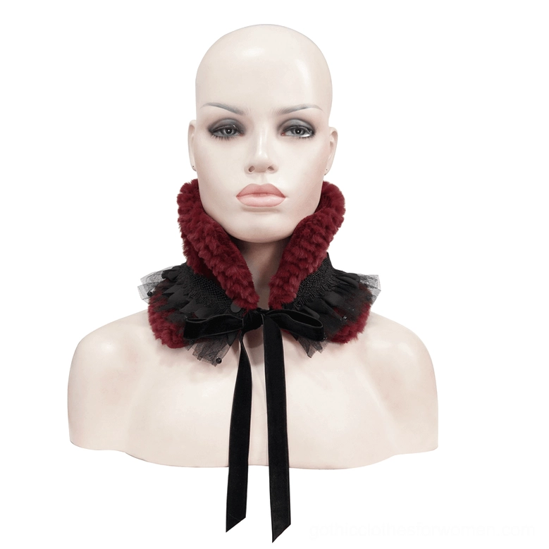 Wine red faux fur goth collar on mannequin display, front view showing black velvet tie and ruffled lace trim