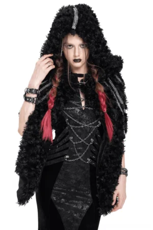 Black faux fur hooded cape with silver chains, front view on female model with red braids