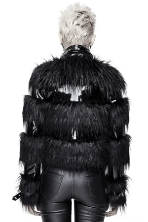 Black gothic jacket rear view showing tiered fur and patent leather construction, buckle neck strap detail, studio back view