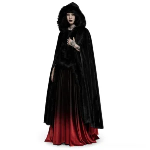 Black velvet Gothic faux fur long cloak with hooded design front three-quarter view