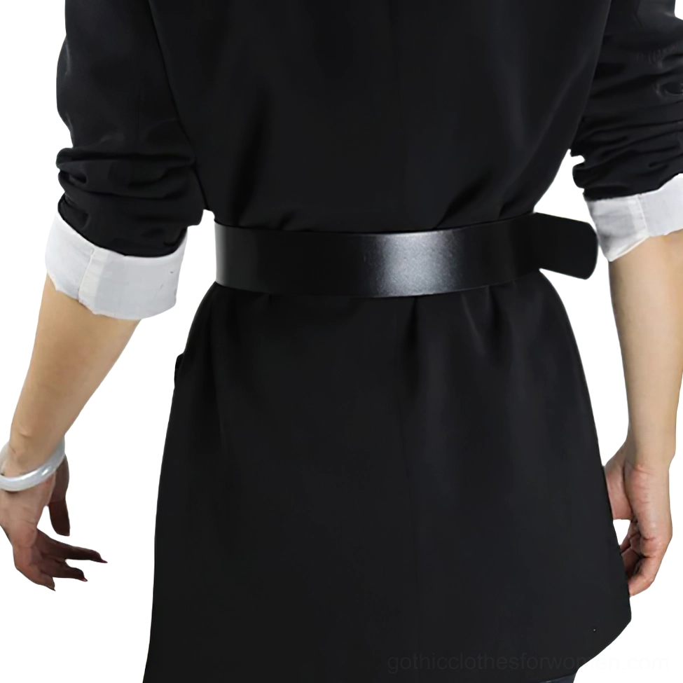 Black faux leather gothic belt back view showing simple square buckle closure on dress form against white studio background