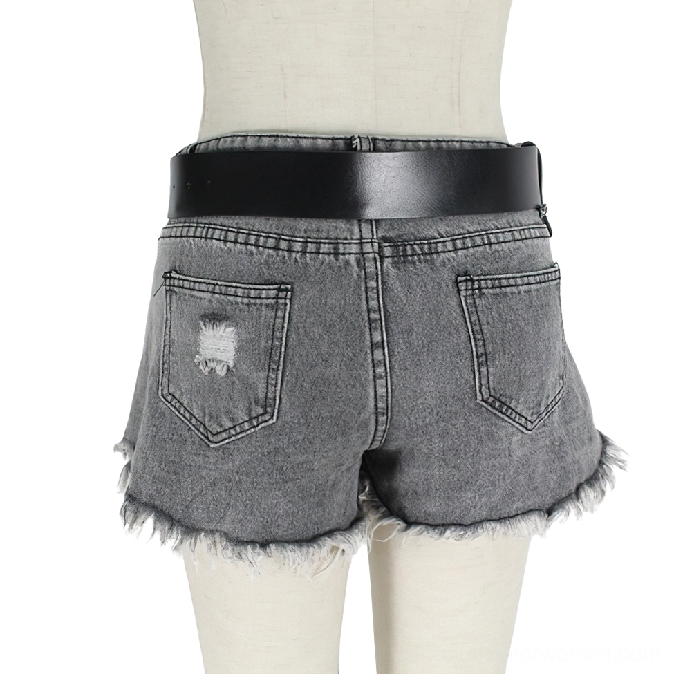 Plain black faux leather gothic belt back view on dress form in denim shorts, showing simple square buckle without chain decorations
