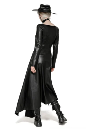 Black gothic faux leather maxi dress back view showing fitted sleeves and asymmetrical hemline