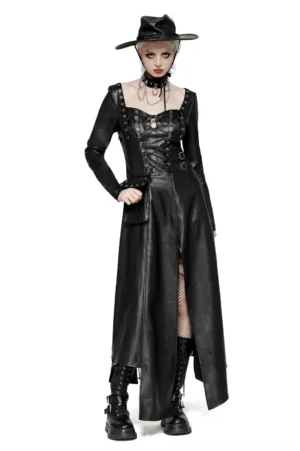 Black faux leather gothic maxi dress with lace-up harness front view on model with cowboy hat