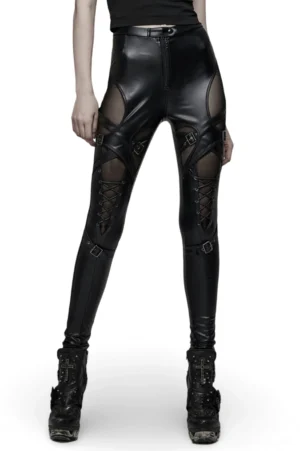 Black lace-up gothic faux leather pants front three-quarter view showing mesh cutouts and decorative thigh lacing