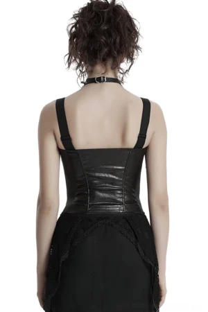 Black faux leather gothic waistcoat rear view showing elastic side panels and wide back straps