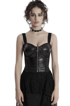 Black faux leather gothic waistcoat front full view with skull metal zipper and adjustable straps