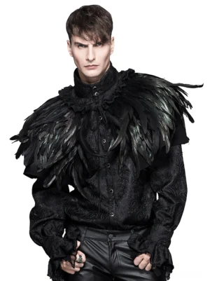 Unisex gothic shoulder cape worn by male model with black-green iridescent feathers paired with vintage black shirt