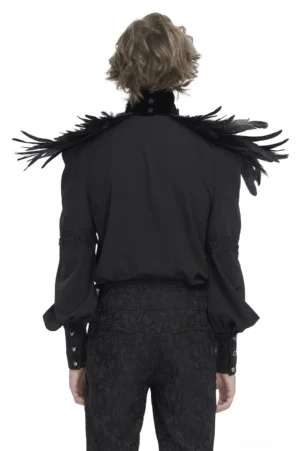 Back view of gothic beaded feather choker collar on male model, showcasing feather shoulder pads and velvet neckband construction in black