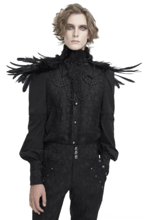 Black gothic beaded feather choker collar front view on male model wearing dark suit, featuring intricate bead chains and feather shoulder details against white background