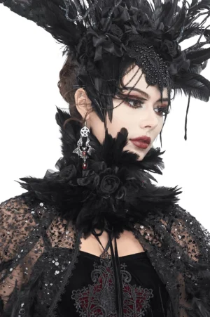 Black gothic choker collar with feathers and roses on female model with dramatic makeup, three-quarter view