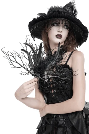 Gothic feather hand fan styled with dark corset and wide-brim hat, front angle showing branch details and cross pendants