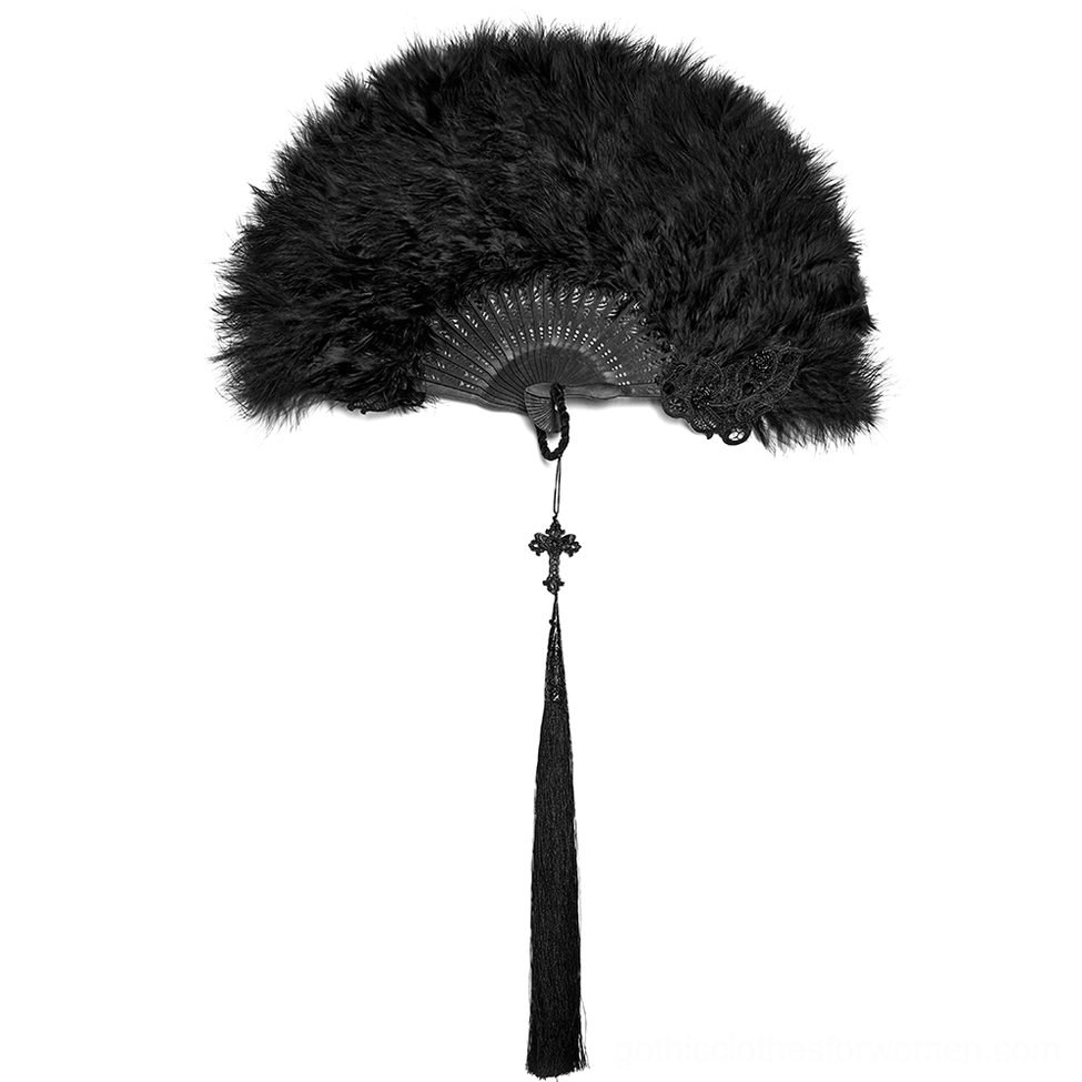 Overhead flat lay of gothic feather hand fan showing fluffy feather surface and ornate silk tassel with cross charm
