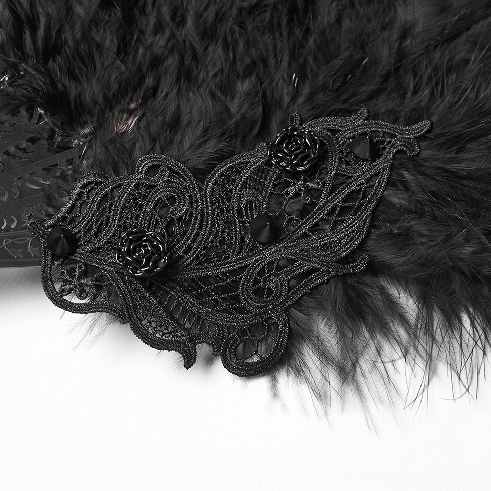 Gothic feather fan detail showing rose lace embroidery trim and fluffy black feather surface