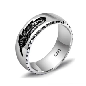 Gothic sterling silver feather ring with hand-engraved details and dotted border, 925 hallmark unisex band