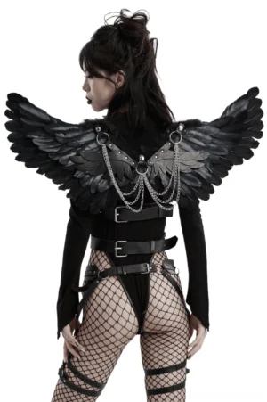 Black feather gothic angel wings rear view worn by goth model with leather straps and metal chain accents