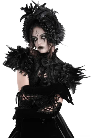 Female model wearing black feathered gothic cape with velvet roses and lace trims, front view with gothic makeup and styling