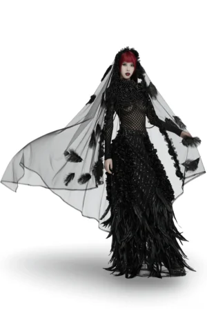 Gothic black mesh veil with ostrich feathers and 3D roses, dynamic side view showing ethereal sheer fabric movement and floor-length drape