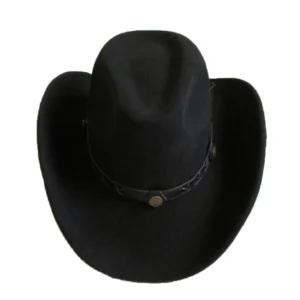 Gothic fedora front view featuring smooth black felt, metal-accented leather hat band, and dramatic dark fashion aesthetic for alternative wear