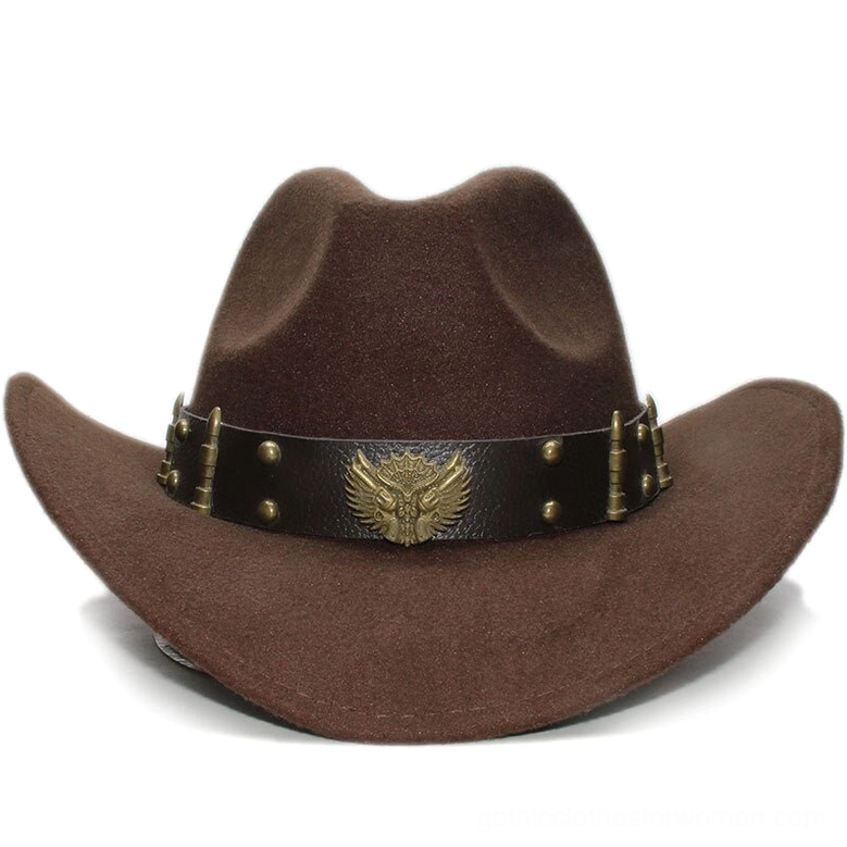 Premium wool felt gothic fedora hat with decorative leather strap and metal ornaments