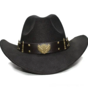 Wide-brimmed gothic fedora cowboy hat with riveted leather band - straight front studio shot