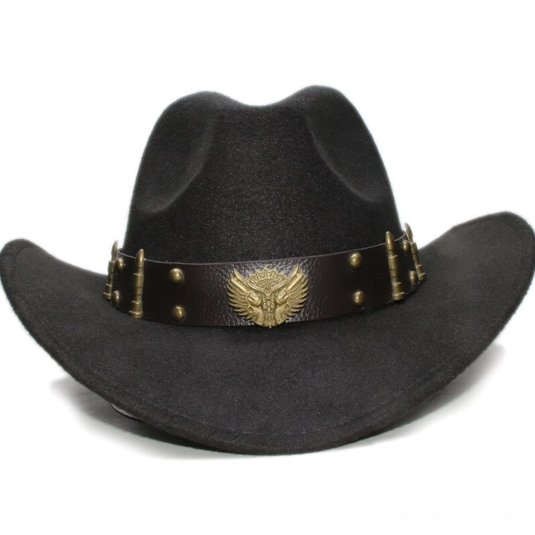 Wide-brimmed gothic fedora cowboy hat with riveted leather band - straight front studio shot