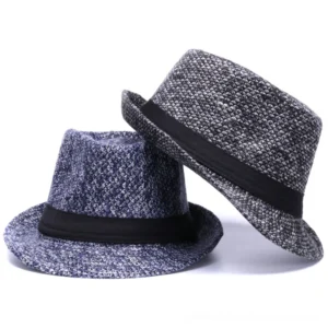Two gothic fedora hats in navy and brown colors, overhead view displaying multiple color options with black ribbon bands