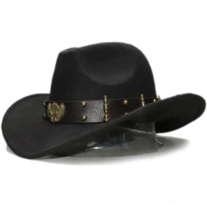 Gothic wool fedora hat with leather belt and metal studs - three-quarter front view dark cowboy style