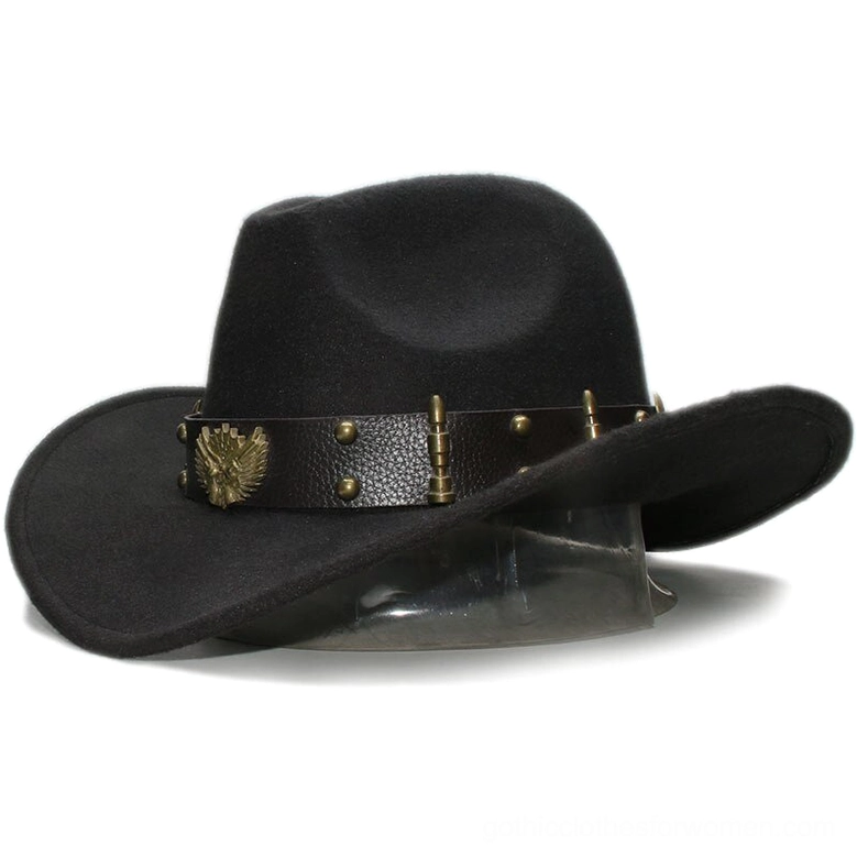 Gothic wool fedora hat with leather belt and metal studs - three-quarter front view dark cowboy style