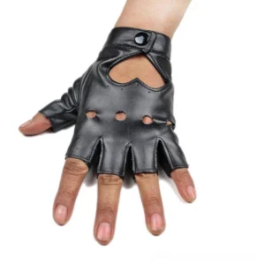 Single black fingerless punk rock glove with heart cutout detail worn on one hand, overhead front view showing the shockproof padding and synthetic leather construction