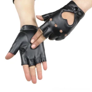 Black gothic fingerless PU leather gloves with heart cutout worn on both hands, displaying the punk rock aesthetic and reflective design