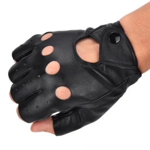 Black PU leather fingerless gloves with snap button wrist closure, worn on hand showing cutout finger design and ventilation details