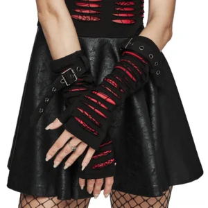 Black and red spider mesh gothic fingerless gloves with metal buckle cuffs, close-up front view of hands wearing the gloves, demonstrating the intricate spider web lining details and adjustable cuff design
