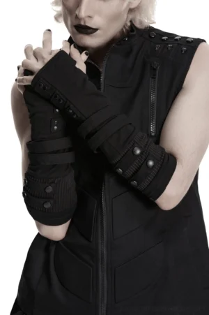 Gothic fingerless gloves with layered rivet straps on male model, front close-up view showing black knit fabric and industrial hardware details