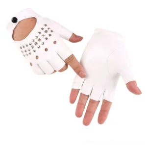 White and black studded fingerless gothic gloves flat lay comparison view