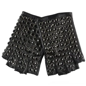 Black fingerless leather gloves with dense round metal rivets, flat lay front view on white background – gothic punk style studded gloves