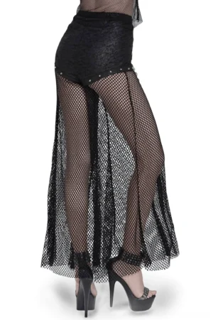 Gothic fishnet flare pants rear side perspective on model showing high-waisted design and chain detailing