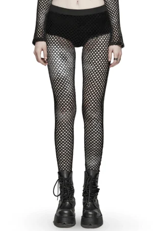 Black fishnet gothic leggings front full-body view on model styled with black crop top and platform combat boots, white studio background
