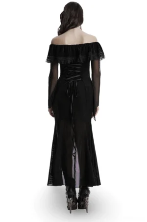 Gothic dress back view showcasing corset lace-up back detail and sheer mesh fishtail hem on model
